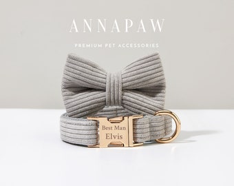 May include: A gray corduroy dog collar with a gold buckle that says "Best Man Elvis". The collar is paired with a matching gray corduroy bow tie.