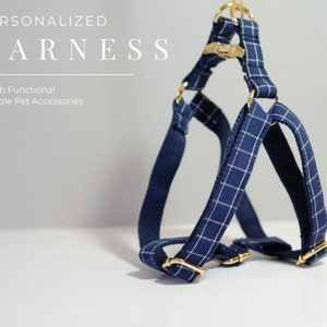 Step in Pet Dog Harness with Personalized Name, Custom Blue Plaid Puppy Harness, Designer Boy Dog Harness with Name, Wedding Dog Harness
