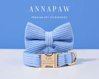 May include: Light blue corduroy dog collar with a gold buckle and a matching bow tie. The collar has a gold tag that reads "Leo 021.152.5899 microchipped".