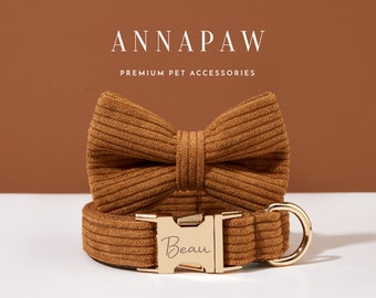 Coffee Corduroy Dog Collar Bowtie Set,Personalized Corduroy Dog Collar and Leash, Collar for Wedding Gift,Free Engraved Name on Puppy Collar