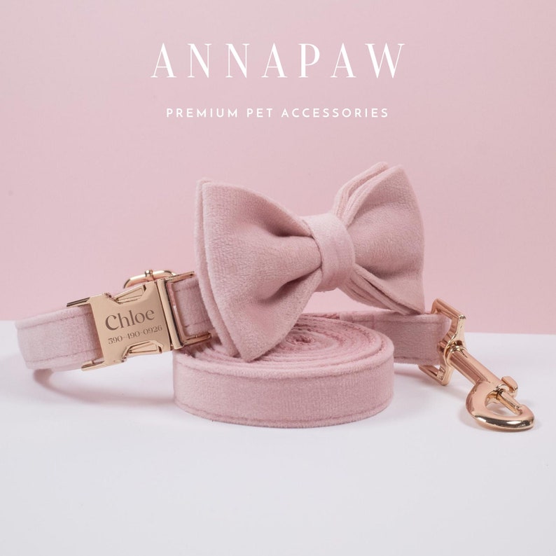 May include: A pink velvet pet collar, leash, and bow tie set. The collar features a gold-colored buckle engraved with "Chloe" and a phone number. The set is from "ANNAPAW" and is labeled "PREMIUM PET ACCESSORIES."