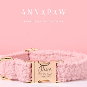 Coleira de cachorro personalizada em tecido de lã rosa, gravata borboleta luxuosa, conjunto de trela para presente de aniversário, coleira de cachorro personalizada