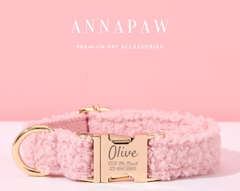 Collar de perro personalizado de tela polar rosa con correa y pajarita, lujoso juego de arnés y correa para cachorros para regalo de cumpleaños, collar de perro personalizado con placa de identificación.