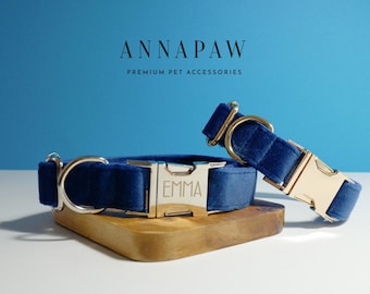 Blue Velvet Personalized Dog Collar and Leash Bow tie set, Free Name Engraving