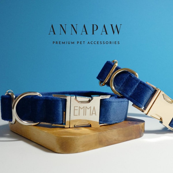 Blue Velvet Personalized Dog Collar and Leash Bow tie set, Free Name Engraving