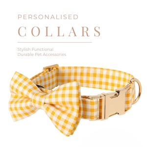 Yellow Check Personalised Dog Collar Bow Set, Puppy Collar with Name Engraved, Custom Boy Dog Collar