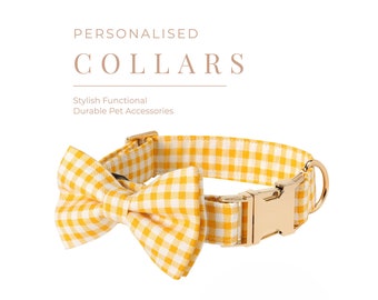 Yellow Check Personalised Dog Collar Bow Set, Puppy Collar with Name Engraved, Custom Boy Dog Collar