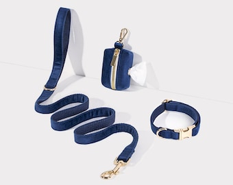 Soft Blue Velvet Dog Collar Leash Set,Handmade Puppy Collar Leash Poo Bag Holder For Wedding Gift, Custom Dog Collar With Name Engraved