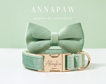 Conjunto de corbatín de Collar de perro de terciopelo verde salvia hecho a mano, corbatín de correa de Collar de cachorro personalizado, corbatín de correa de Collar de perro de lujo para regalo de boda