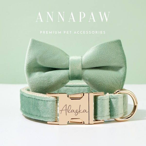 Handmade Sage Green Velvet  Dog Collar Bowtie Set,Personalized Puppy Collar Leash Bowtie,Fancy Dog Collar Leash Bowtie For Wedding Gift