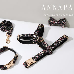 Black Flower Dog Harness and Leash Collar Bow Set, Personalised Harness with Name Engraved, Boy Dog Harness Bow tie Collar Set