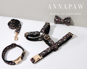 Black Flower Dog Harness and Leash Collar Bow Set, Personalised Harness with Name Engraved, Boy Dog Harness Bow tie Collar Set