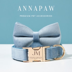 Puede incluir: Un collar de perro de terciopelo azul claro con una hebilla dorada grabada con "JM 02122023". El collar se combina con una pajarita de terciopelo azul claro a juego.