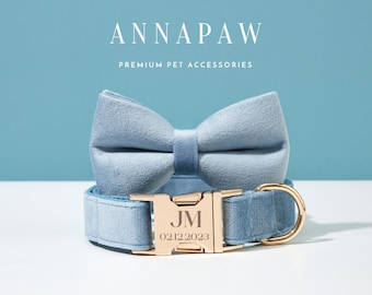 Fancy Dusty Blue Velvet Puppy Collar Leash Set,Personalized Dog Collar Bowtie Set For Birthday Gift,Handmade Engraved Dog Collar Leash Bow