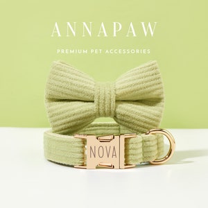 Personalized Avocado Corduroy Dog Collar Lead Set,Luxurious Dog Collar Bowtie Set,Collar for Wedding Gift,Free Engraved Name on Puppy Collar