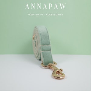 May include: A light green velvet dog leash with a gold metal clasp. ANNAPAW PREMIUM PET ACCESSORIES is printed on the background.