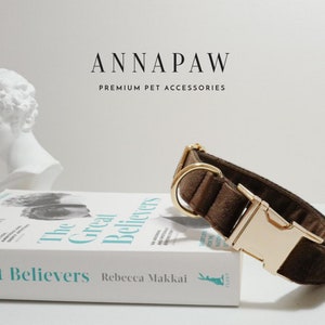 Brown Velvet Personalized Dog Collar and Leash Bow tie set, Free Name Engraving