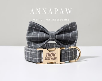 Luxury Grey Check Puppy Collar Leash,Custom Dog Collar Bowtie Set For Boy,Engraved Puppy Collar Bowtie For Wedding Gift,Free Name Engraved