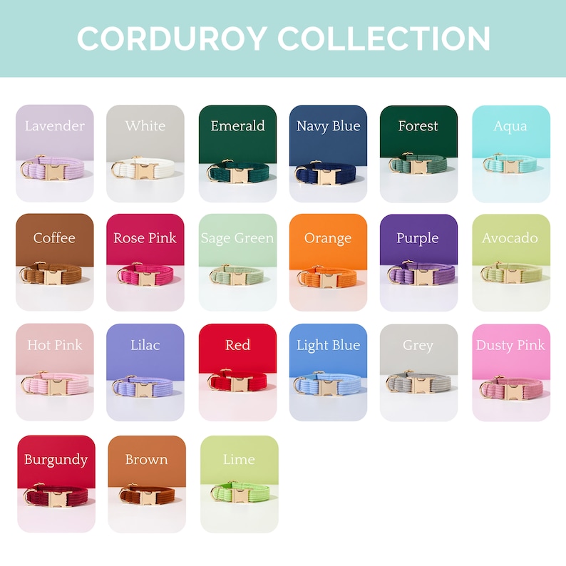 May include: A collection of 18 corduroy dog collars in various colors, including lavender, white, emerald, navy blue, forest, aqua, coffee, rose pink, sage green, orange, purple, avocado, hot pink, lilac, red, light blue, grey, dusty pink, burgundy, brown, and lime.