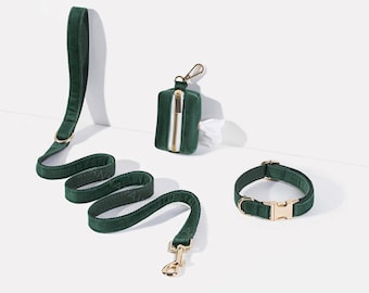 Emerald Green Velvet Dog Collar Leash Set for Pet Birthday Gift,Fancy Puppy Collar Leash With Dog Poo Bag Carrier,Custom Dog Collar Leash