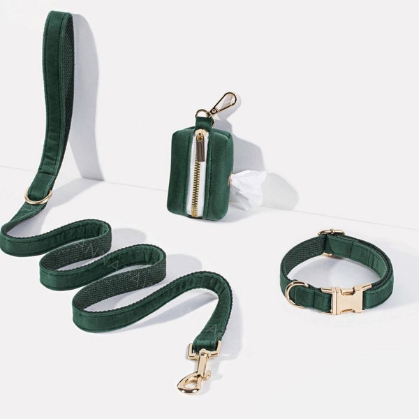 Ensemble de laisse de collier de chien en velours vert émeraude pour cadeau d'anniversaire pour animal de compagnie, laisse de collier de chiot fantaisie avec porte-sac de caca de chien, laisse de collier de chien personnalisée