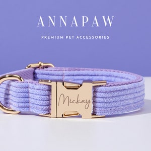 May include: A lavender corduroy dog collar with a gold buckle and the name "Mickey" engraved on it.