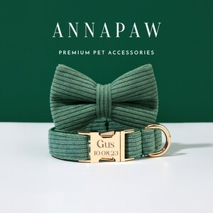 Peut inclure: Un collier de chien en velours côtelé vert avec une boucle dorée et un nœud papillon assorti. La boucle est gravée du nom "Gus" et de la date "10.08.23".