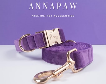 Purple Dog Collar and Lead Bow, Personalised Puppy Collar with Bow for Wedding Gift, Custom Fancy Dog Collar with Engraved Name on Collar