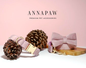 Dusty Pink Velvet Dog Collar Leash Set,Personalized Dog Accessories,Girl Velvet Collar,Luxury Dog collar with Engraved Name,New Puppy Collar