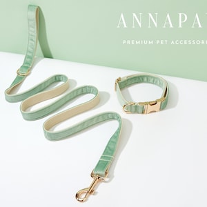 Handmade Sage Green Velvet  Dog Collar Bowtie Set,Personalized Puppy Collar Leash Bowtie,Fancy Dog Collar Leash Bowtie For Wedding Gift