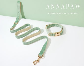 Handmade Sage Green Velvet  Dog Collar Bowtie Set,Personalized Puppy Collar Leash Bowtie,Fancy Dog Collar Leash Bowtie For Wedding Gift