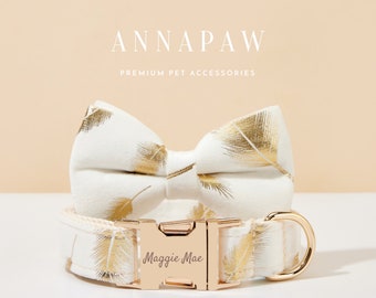White Feather Print Personalized Dog Collar Bow Set,Puppy Collar with Name Engraved,Custom Boy Dog Collar,Dog Collar Bowtie For Wedding Gift