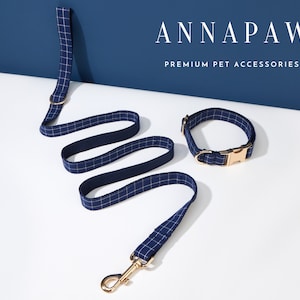 Handmade Blue Check Personalized Dog Collar Bow Set, Puppy Collar with Name Engraved, Custom Boy Dog Collar, Plaid Dog Collar