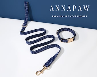 Handmade Blue Check Personalized Dog Collar Bow Set, Puppy Collar with Name Engraved, Custom Boy Dog Collar, Plaid Dog Collar