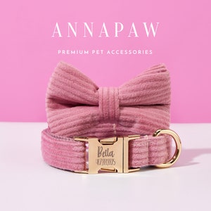Personalized Dog Collar Bow tie Set,Dusty Pink Corduroy Dog Lead Collar with Bow, Collar for Wedding Gift,Free Engraved Name on Puppy Collar