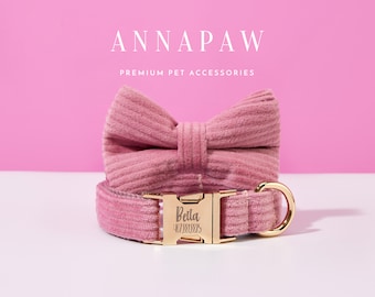 Personalized Dog Collar Bow tie Set,Dusty Pink Corduroy Dog Lead Collar with Bow, Collar for Wedding Gift,Free Engraved Name on Puppy Collar