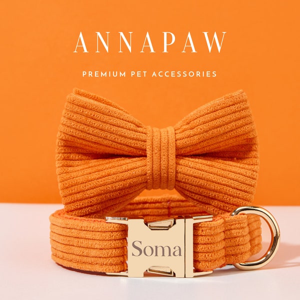 Handmade Orange Corduroy Dog Collar Bow tie Set, Custom Dog Collar and Leash, Collar for Birthday Gift,Free Engraved Name on Puppy Collar