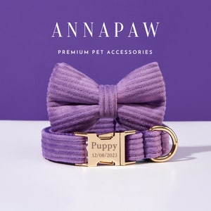 Purple Corduroy Dog Collar Bowtie Set,Personalized Corduroy Dog Collar and Leash, Collar for Wedding Gift,Free Engraved Name on Puppy Collar
