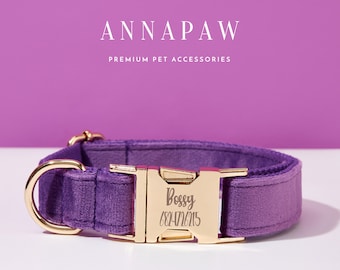 Personalized Purple Velvet Dog Collar Bowtie Set,Handmade Puppy Collar Leash Bowtie For Wedding Gift,Fancy Engraved Dog Collar