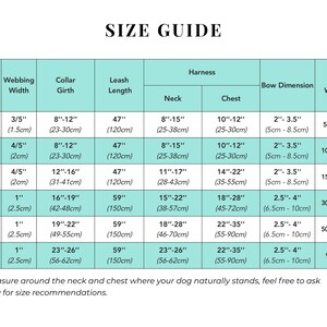 May include: Size guide chart for dog harnesses, collars, leashes, and webbing widths. The chart includes measurements in inches and centimeters, as well as weight recommendations in pounds.