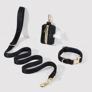 Collier de chien noir avec pièce d&#39;identité personnalisée, ensemble de laisse de collier de chiot de mariage de chien avec support pour sac de caca, laisse de collier de chien personnalisée avec matériel doré