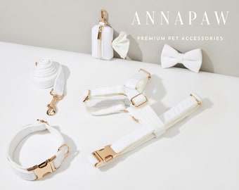 Pure White Velvet Dog Harness+Leash+Collar+Bow tie+Poo Bag Holder Set, Personalised Harness Fancy Luxury Velvet with Engraved Nameplate