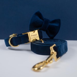 Personalised Navy Blue Velvet Dog Collar Lead Bow with Name Plate, Pet Neckwear and Dog Accessories For Wedding Gift, Custom Puppy Collar
