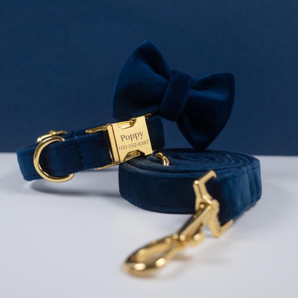 Collar de perro de terciopelo azul marino personalizado con lazo de plomo con placa de nombre, corbatas para mascotas y accesorios para perros para regalo de boda, collar de cachorro personalizado