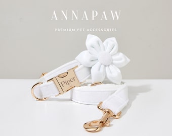 Custom White Velvet Dog Collar Bowtie Set,Handmade Puppy Collar Leash Set,Fancy Dog Collar Leash Bowtie For Wedding Gift,Engraved Dog Collar