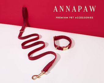 Custom Burgundy Corduroy Puppy Collar Bow tie Set, Fancy Dog Lead Collar with Bow, Collar for Wedding Gift,Free Engraved Name on Dog Collar