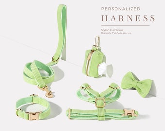 Green Corduroy Dog Harness+Leash+Collar+Bow tie+Poo Bag Holder Set, Personalised Step in Harness Fancy Luxury Engraved Nameplate