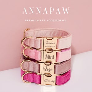 Pink Dog Collar with Engraved Name, Custom Velvet Dog Collar for Girl Dog, Luxury Pet Puppy Collar for Small Dogs, Engraved Gold Metal