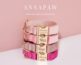 Pink Dog Collar with Engraved Name, Custom Velvet Dog Collar for Girl Dog, Luxury Pet Puppy Collar for Small Dogs, Engraved Gold Metal