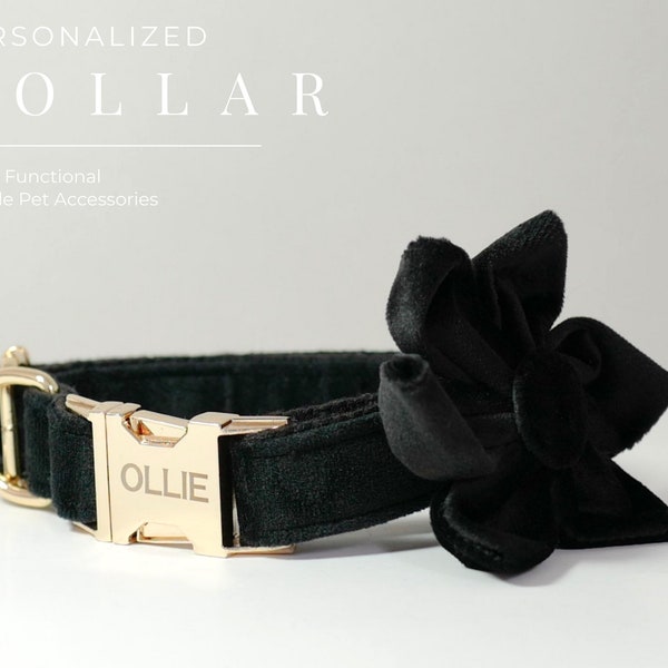 Black Personalized Dog Collar Flower, Thick Velvet Dog Collar Wedding, Luxury Pet Puppy Collar for Small Dogs, Engraved Collar with Name